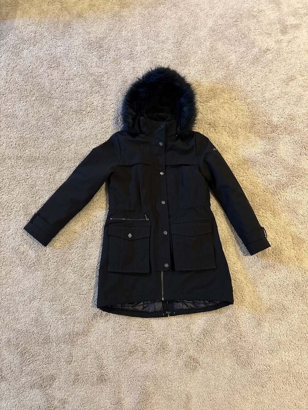 DKNY Women's Faux Fur Trim Hooded Sherpa Lined Parka Jacket, Black, Size M